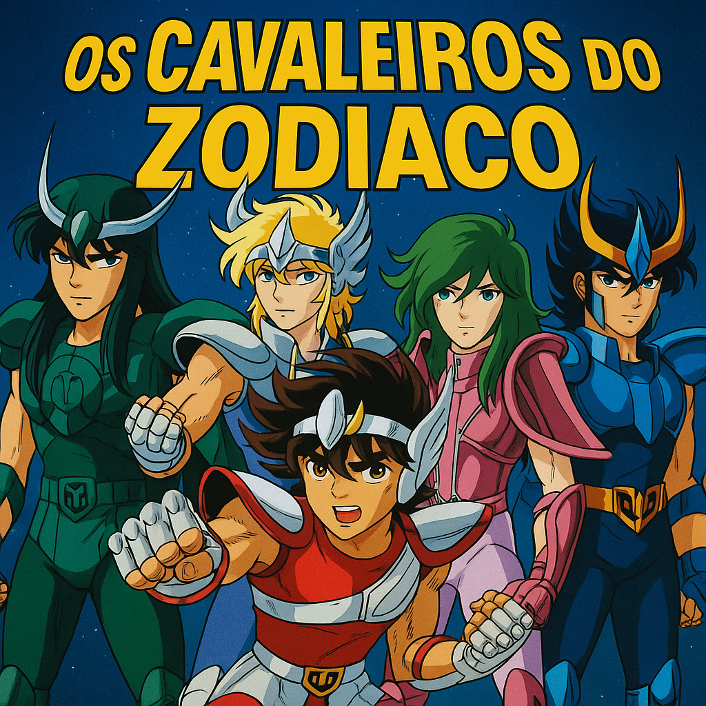 Grupo dos cinco Cavaleiros de Bronze — Seiya, Shiryu, Hyoga, Shun e Ikki — posicionados lado a lado, usando suas armaduras inspiradas nas constelações, com expressão determinada diante de um fundo estrelado.