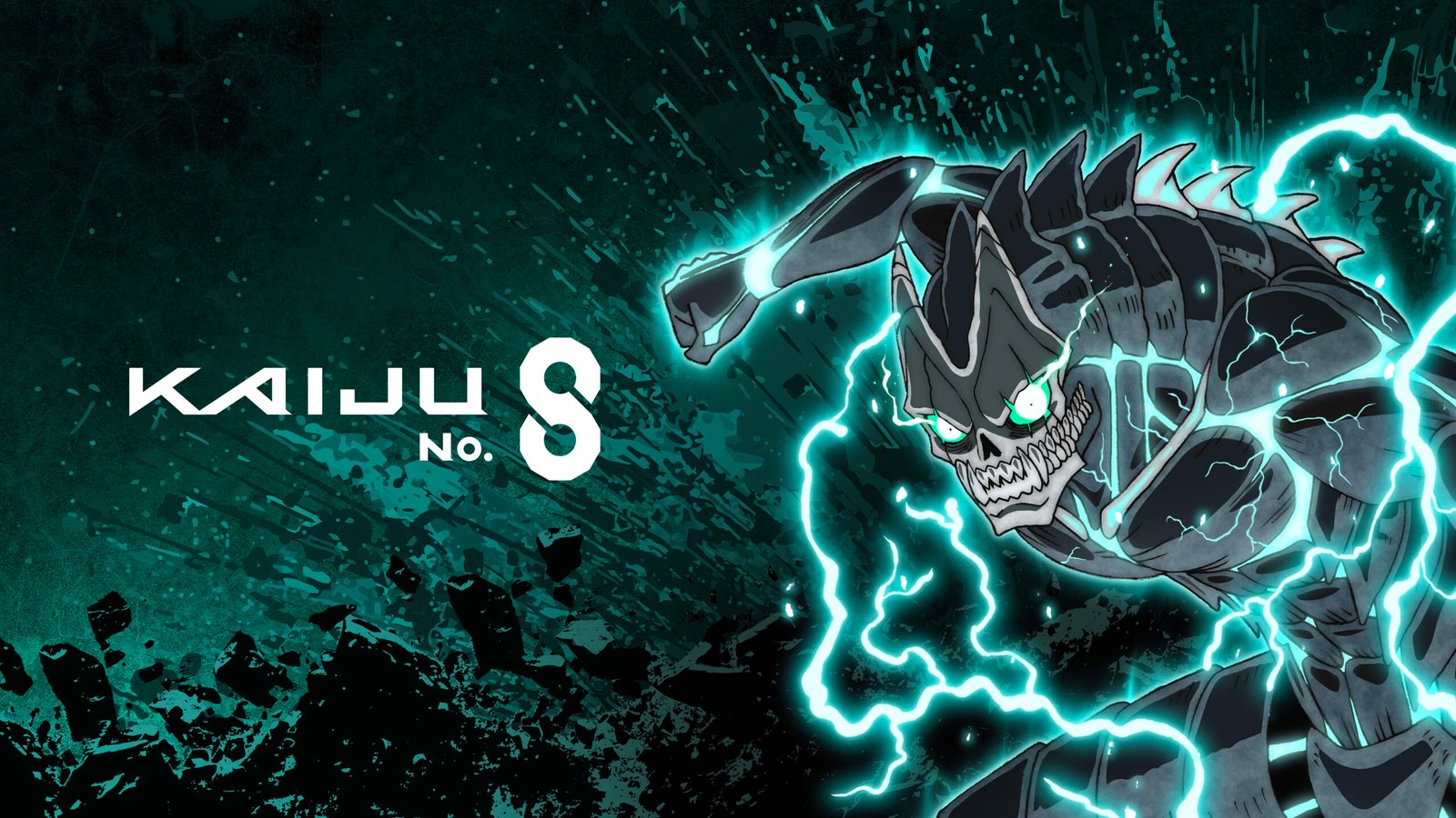 Transformação Kaiju No. 8 emitindo energia azul em meio a um fundo escuro destruído.