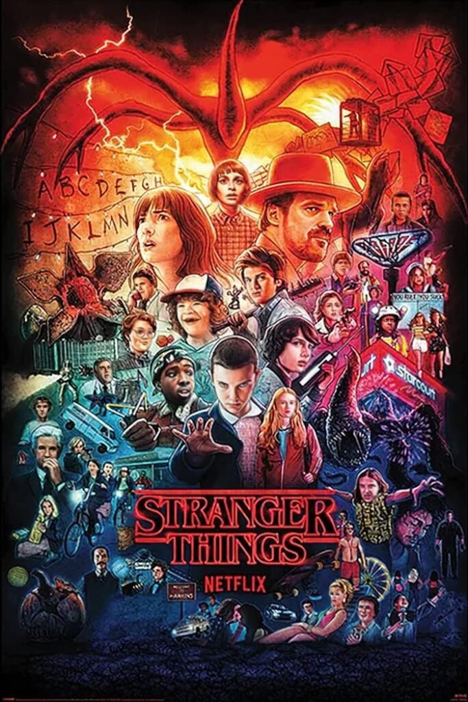 Poster colorido da série Stranger Things com vários personagens reunidos, criaturas do Mundo Invertido e elementos icônicos da história, sob um fundo vermelho intenso.