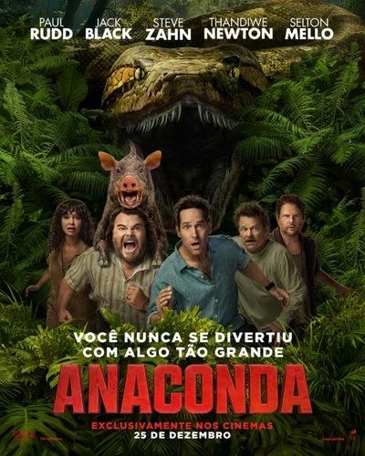 “Pôster do filme Anaconda (2025) mostrando uma enorme cobra com olhos brilhantes e boca aberta, emergindo da escuridão da floresta amazônica.”