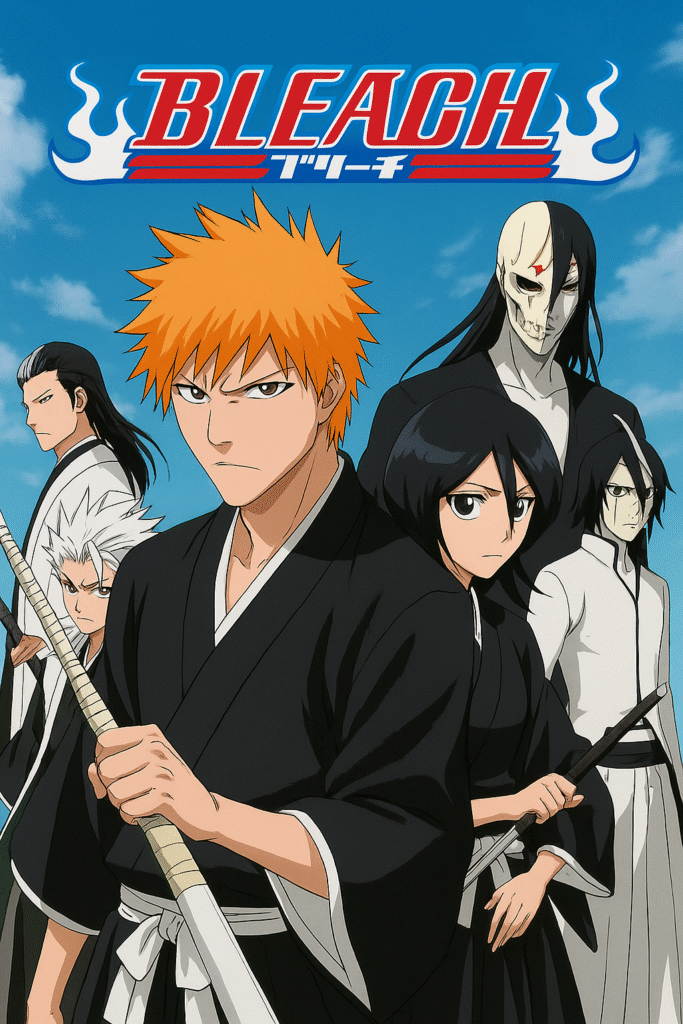 Ichigo Kurosaki, Rukia Kuchiki e outros personagens de Bleach aparecem em destaque usando trajes de Shinigami, empunhando suas espadas, com o céu azul ao fundo e o logotipo do anime acima deles.