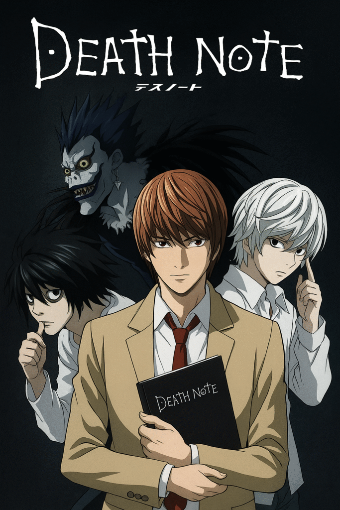 “Ilustração do anime Death Note mostrando Light Yagami segurando o caderno Death Note, com L, Near e o shinigami Ryuk ao fundo, em um clima sombrio e misterioso.”