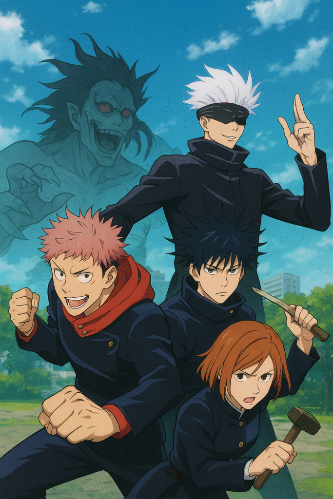 “Imagem dos personagens de Jujutsu Kaisen: Yuji Itadori, Megumi Fushiguro, Nobara Kugisaki e Satoru Gojo em poses de combate, com uma maldição gigante ao fundo e céu azul acima.”