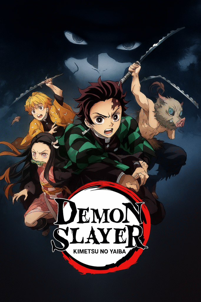 “Ilustração de Demon Slayer mostrando Tanjiro, Nezuko, Zenitsu e Inosuke em poses de combate, com um demônio sombrio observando ao fundo e o logotipo da série na parte inferior.”