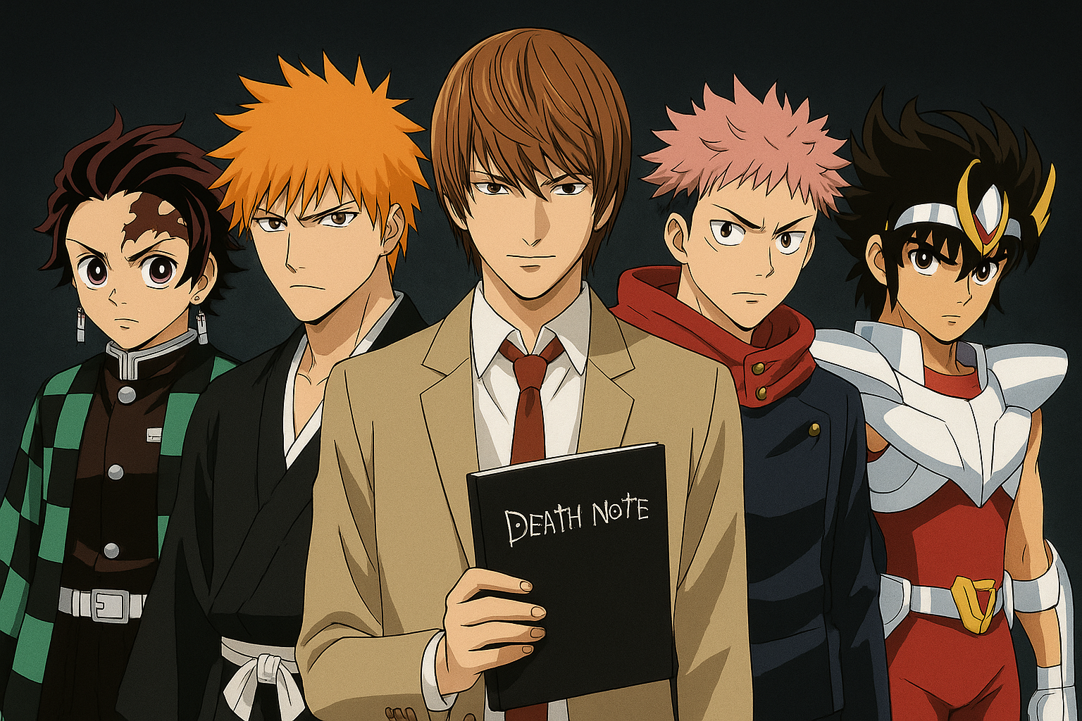 “Ilustração em estilo anime mostrando Tanjiro, Ichigo, Light Yagami, Yuji Itadori e Seiya alinhados lado a lado, com Light segurando o Death Note ao centro.”
