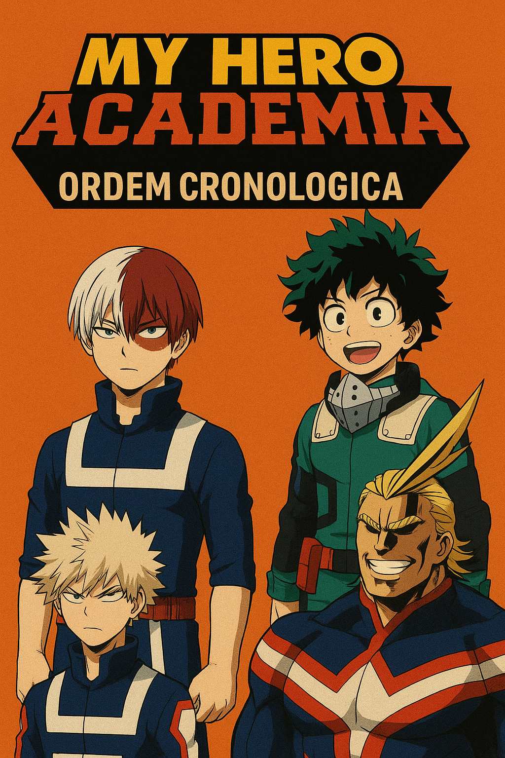 Capa estilizada de My Hero Academia mostrando Midoriya, Todoroki, Bakugo e All Might em frente a um fundo laranja, com o título “My Hero Academia – Ordem Cronológica” no topo.