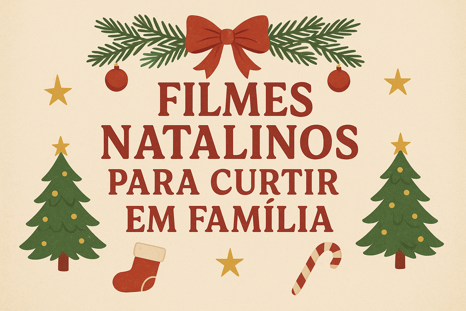 Imagem com o título “Filmes Natalinos Para Curtir em Família” em letras vermelhas, cercado por elementos natalinos como árvores de Natal, estrelas, enfeites, meia e um laço vermelho com ramos verdes.
