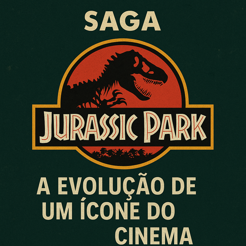Capa estilizada da matéria sobre a saga Jurassic Park e Jurassic World Recomeço, mostrando os logotipos clássicos das duas fases da franquia sobre um fundo verde escuro com textura retrô.