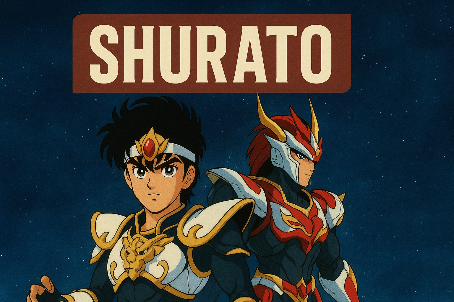 Pôster horizontal com Shurato e Gai em pose heroica, usando armaduras detalhadas, sob céu estrelado e com o título “Shurato” no topo.
