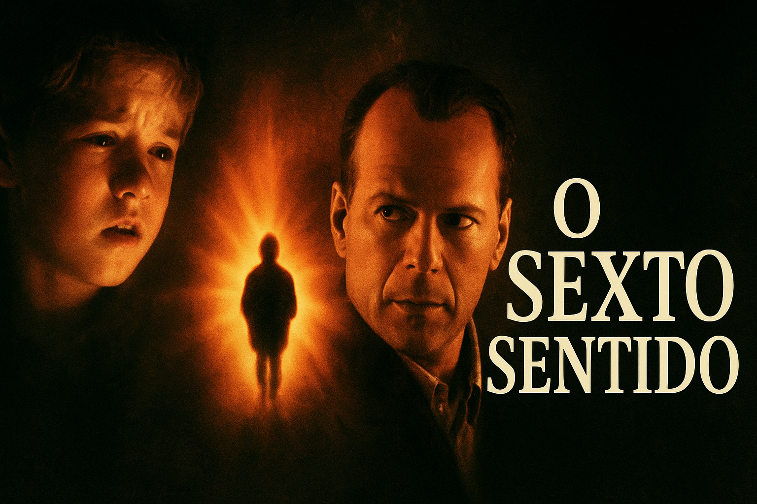 Montagem temática do filme “O Sexto Sentido”, mostrando o garoto Cole Sear à esquerda, o psicólogo Malcolm Crowe à direita e uma silhueta iluminada ao centro, com tons quentes de laranja e preto.