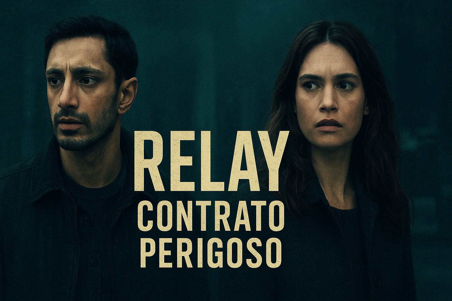 Capa do filme “Relay – Contrato Perigoso”, mostrando Riz Ahmed à esquerda e Lily James à direita, ambos com expressões sérias, em um fundo escuro de tom verde-azulado. O título do filme aparece no centro em letras grandes e desgastadas.