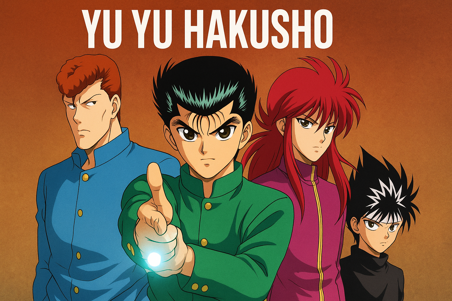 Ilustração em estilo anime mostrando Yusuke, Kuwabara, Kurama e Hiei lado a lado, com Yusuke apontando seu Leigan à frente e o título “Yu Yu Hakusho” escrito acima dos personagens.