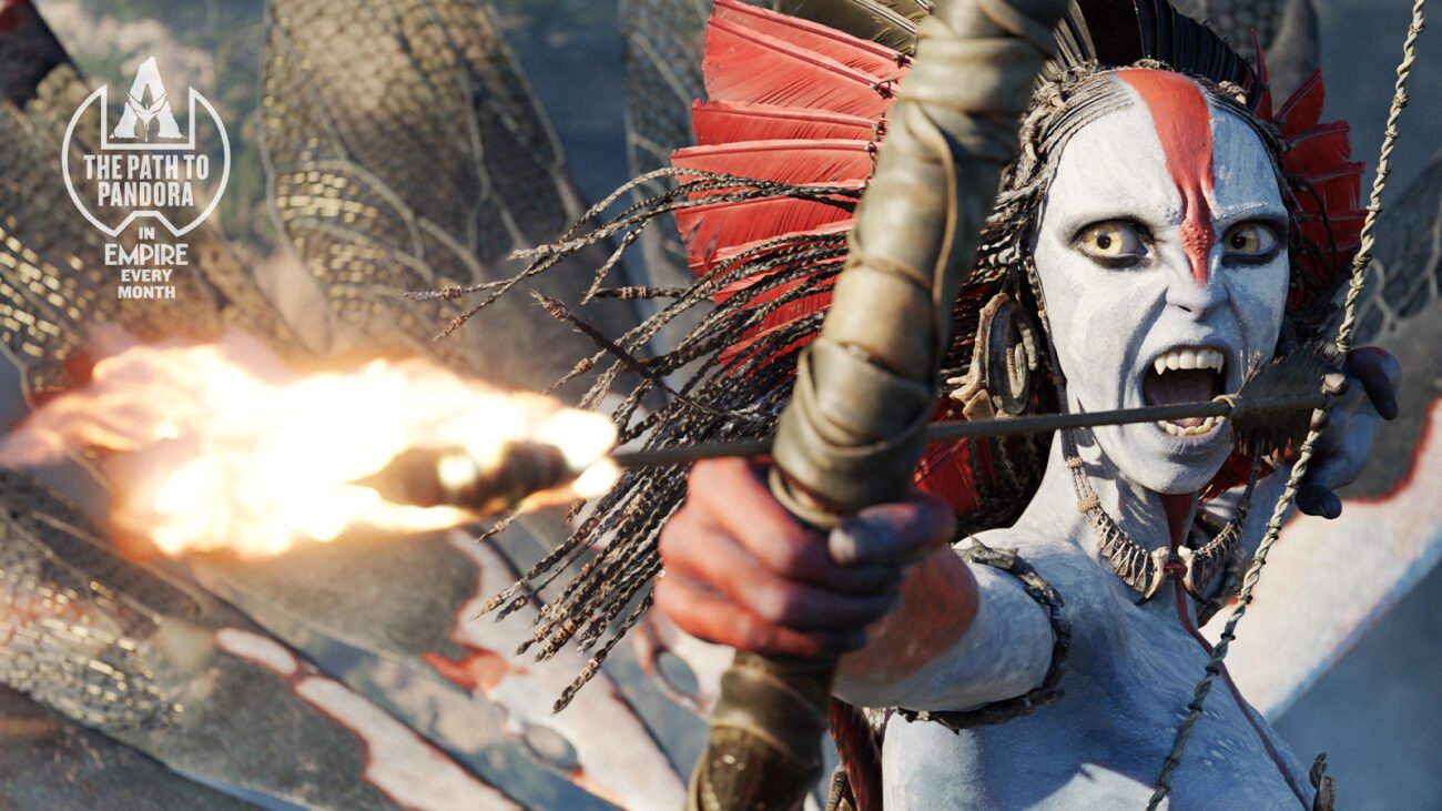 “Guerreira Na’vi de pele branca e pintura vermelha dispara uma flecha em chamas com expressão feroz.”