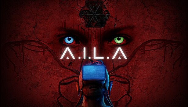 Arte oficial do jogo A.I.L.A mostrando a personagem de costas em um ambiente tecnológico escuro iluminado por luzes vermelhas.