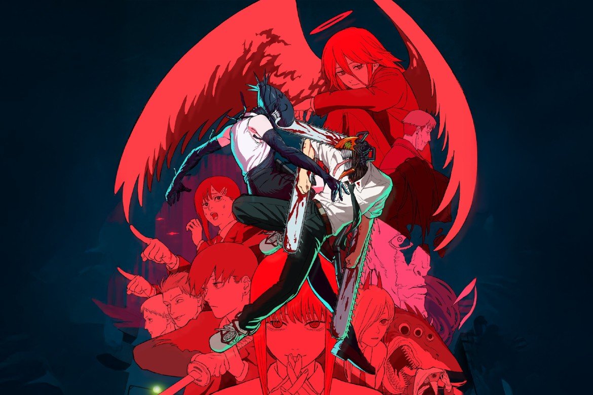 Ilustração de Chainsaw Man mostrando Denji transformado com motosserras nos braços e na cabeça, cercado por vários personagens do anime em tons vibrantes de vermelho e azul.