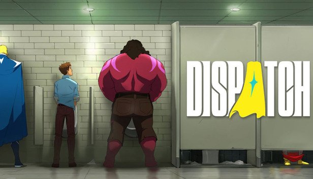 Arte promocional do jogo Dispatch mostrando três personagens animados urinando em mictórios de um banheiro público, enquanto um quarto personagem aparece caído sob a divisória de um box.