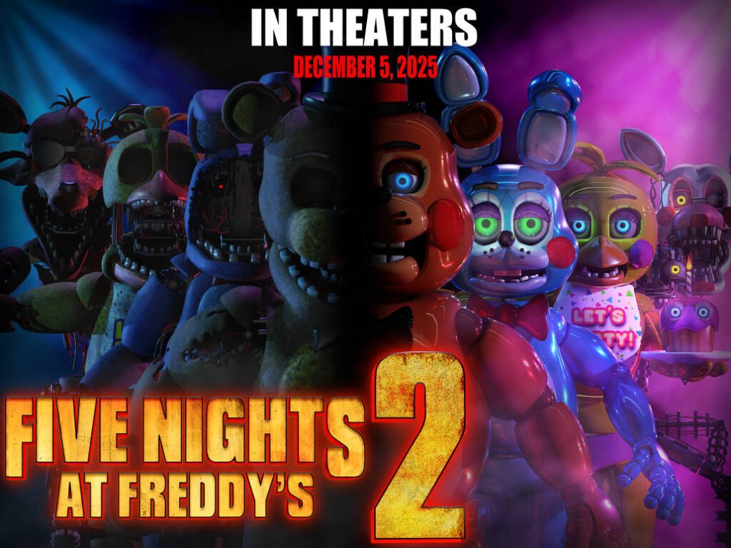 “Pôster de Five Nights at Freddy’s 2 mostrando os animatrônicos Freddy, Bonnie, Chica e Foxy em um ambiente escuro, iluminados por luzes vermelhas e roxas, transmitindo clima de terror.”