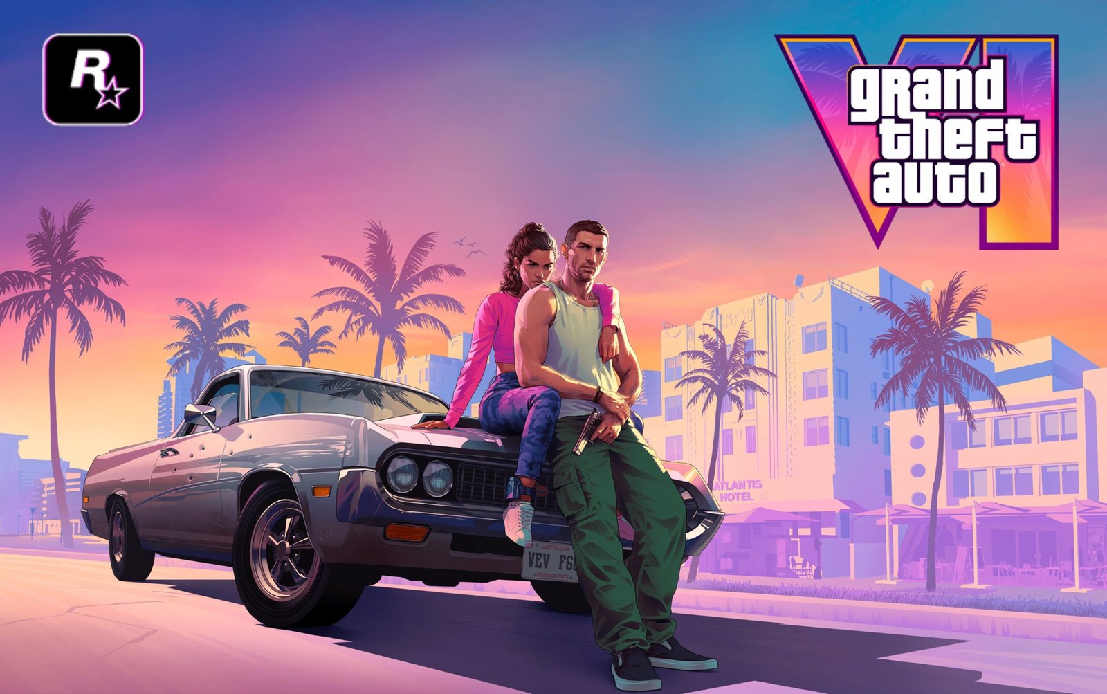 Capa promocional de GTA 6 mostrando os protagonistas Jason e Lucia, com a cidade de Vice City iluminada ao fundo.